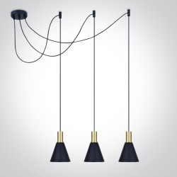 SUSPENSION TRIPLE ABAT-JOUR NOIR & ANNEAU BRUSHED BRASS Max.10W 3xE27